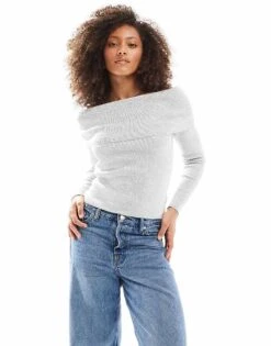 Cotton:On Cotton On Everfine Rib Off Shoulder Crop Knit Jumper In Grey For Women Grey Marle