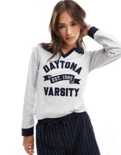 Cotton:On Cotton On Daytona Varsity Graphic Polo Shirt In Grey Marle For Women Varsity/grey Marle