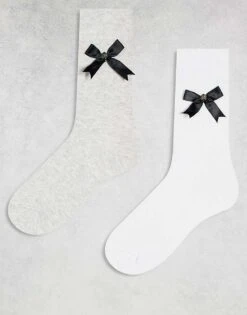 Cotton:On Cotton On Crew Sock 2 Pack With Bow Detail In White Soft Grey For Women