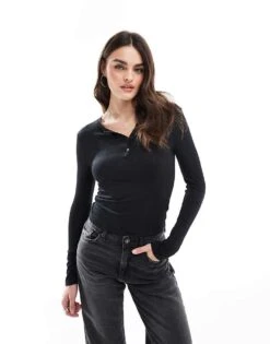 Cotton:On Cotton On Long Sleeve Button Up T-shirt In Black For Women