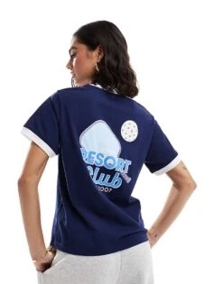 Cotton:On Cotton On Resort Club Graphic V Neck T-shirt In Navy For Women