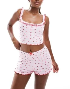 Cotton:On Cotton On Heart Print Rib Ruffle Cami Top In Pink Co-ord For Women Scarlet Heart
