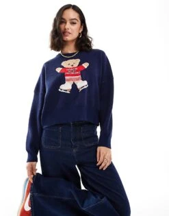 Cotton:On Cotton On Novelty Knitted Jumper With Ski Bear Graphic In Navy For Women Navy Ski Bear