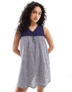 Cotton:On Cotton On Broderie Woven Sleep Nightie In Gingham Navy For Women Navy Gingham