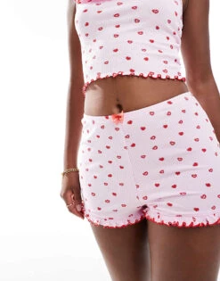 Cotton:On Cotton On Heart Print Rib Ruffle Short In Pink Co-ord For Women Scarlet Heart
