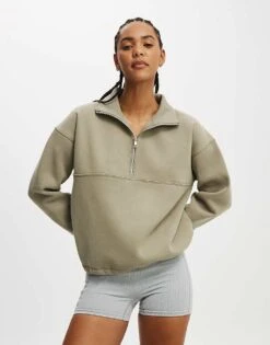Cotton:On Plush Essential Half Zip Jumper In Khaki For Women