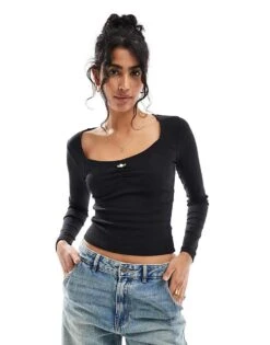 Cotton:On Cotton On Long Sleeve Square Neck Crop Top In Black For Women