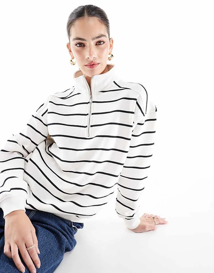 Cotton:On Cotton On Oversized Collar Half Zip Sweatshirt In Black And White Stripe For Women Black & White Stripe - Image 5