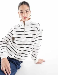 Cotton:On Cotton On Oversized Collar Half Zip Sweatshirt In Black And White Stripe For Women Black & White Stripe
