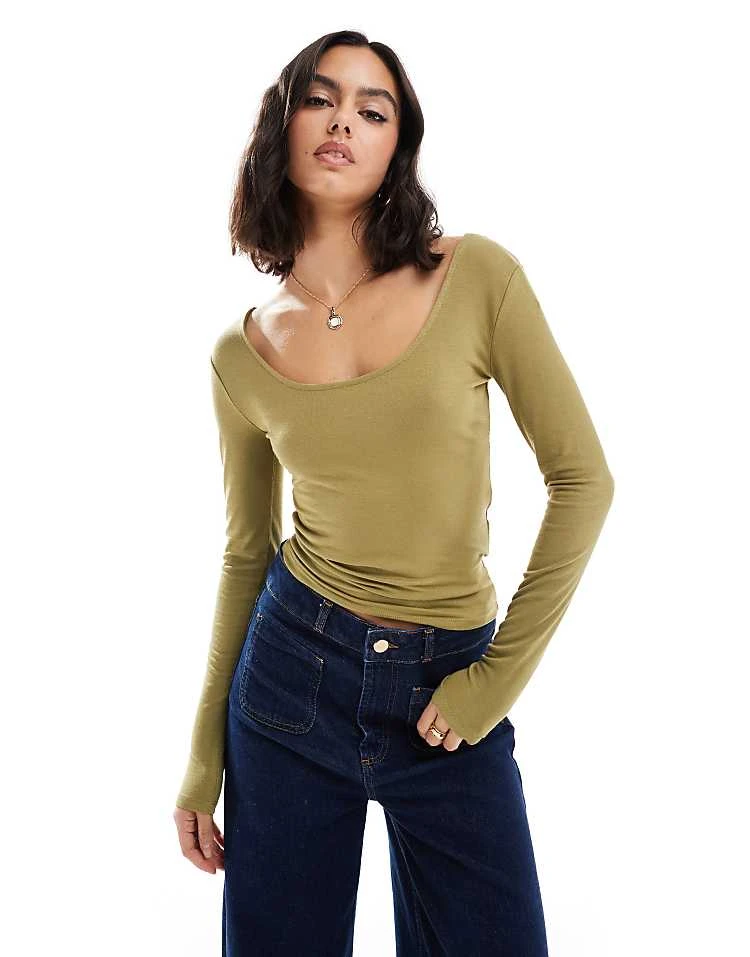 Cotton:On Sunday Scoop Long Sleeve In Khaki For Women