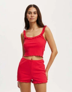 Cotton:On Rib Ruffle Cami In Red For Women