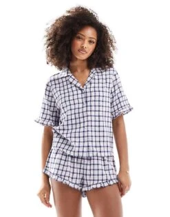 Cotton:On Flannel Short Sleeve Shirt And Short Sleep Set In Blue For Women