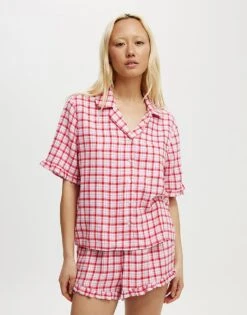 Cotton:On Flannel Short Sleeve Shirt And Short Sleep Set In Pink For Women