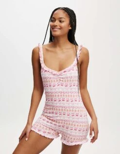 Cotton:On Rib Ruffle Boyleg Romper In Pink For Women