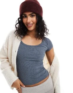 Cotton:On Staple Rib Scoop Neck Short Sleeve Top In Blue For Women