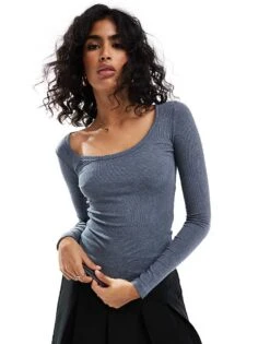 Cotton:On Staple Rib Scoop Neck Long Sleeve Top In Blue For Women