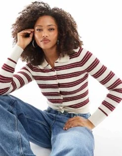 Cotton:On Cotton On Preppy Button Through Jersey Polo In Crimson Stripe For Women