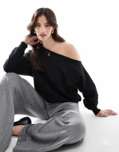 Cotton:On Cotton On Off Shoulder Fleece Sweatshirt In Black For Women