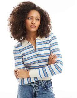Cotton:On Cotton On Preppy Button Through Jersey Polo In Blue Stripe For Women