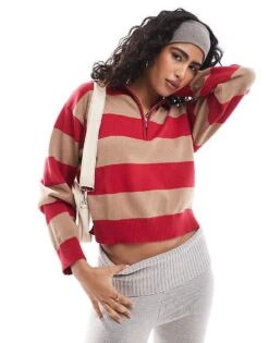 Cotton:On Cotton On Preppy Half Zip Pullover In Red Stripe For Women