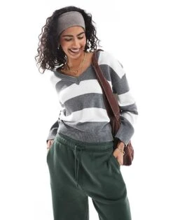 Cotton:On Cotton On V Neck Preppy Jumper In Grey And White Stripe For Women Navy Stripe