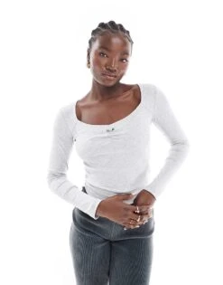 Cotton:On Cotton On Long Sleeve Square Neck Crop In Grey For Women