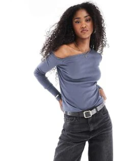 Cotton:On Clare Lace Trim Off The Shoulder Long Sleeve In Blue For Women