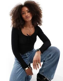 Cotton:On Briony Tie Front Long Sleeve Top In Black For Women