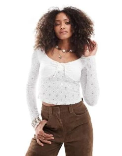 Cotton:On Briony Tie Front Long Sleeve Top In White For Women