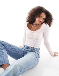 Cotton:On Briony Tie Front Long Sleeve Top In Pink For Women