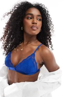 Cotton:On Everyday Lace Triangle Padded Bralette In Blue For Women
