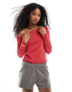 Cotton:On Clare Lace Trim Off The Shoulder Long Sleeve In Red For Women