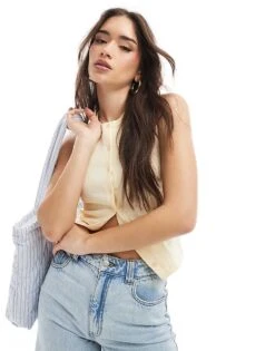 Cotton:On Charlie Button Front Tank In Buttermilk For Women Yellow