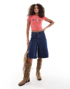 Cotton:On Lyocell Wide Denim Jort In Blue For Women