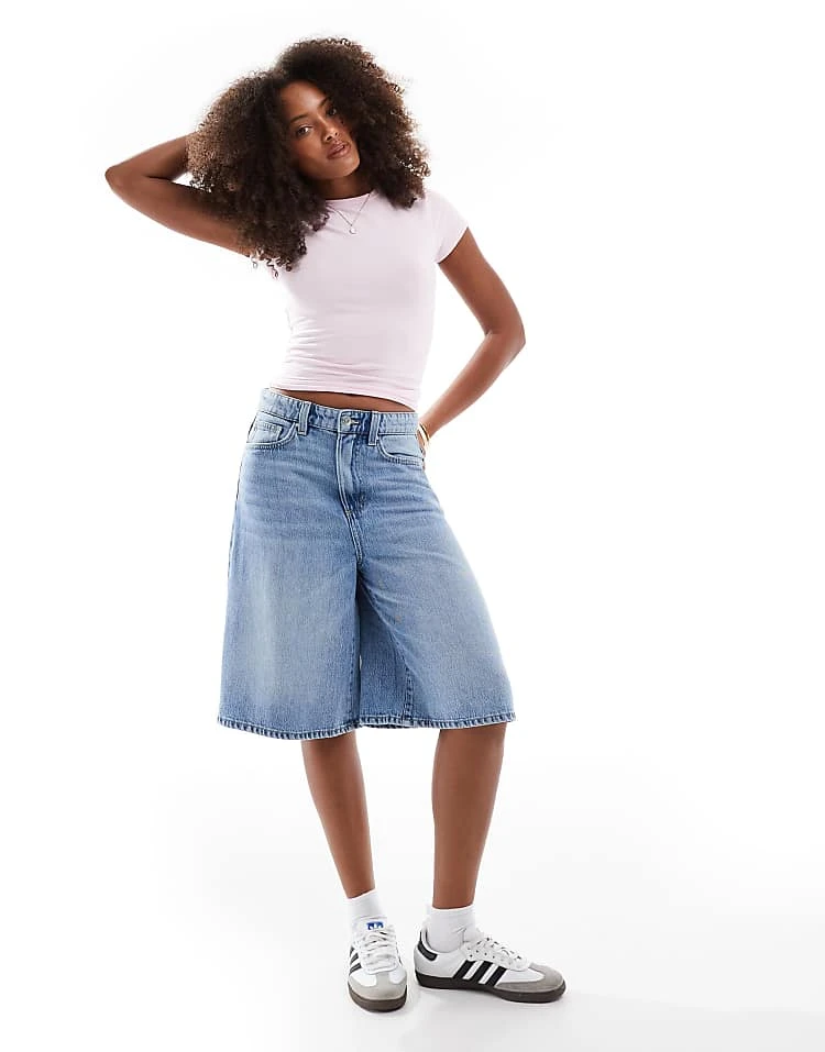 Cotton:On Lyocell Wide Denim Jort In Mid Blue For Women