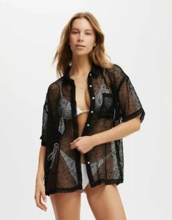 Cotton:On The Essential Short Sleeve Beach Shirt In Black For Women