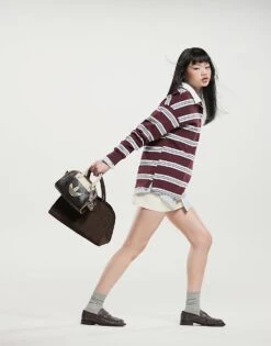 Cotton:On Cotton On Oversized Long Sleeve Polo In Choc Cherry Stripe For Women